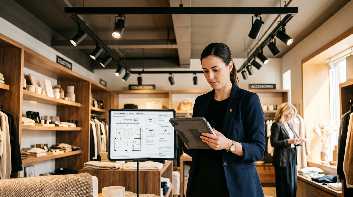Concepteur lumière analysant un plan d'éclairage dans une boutique