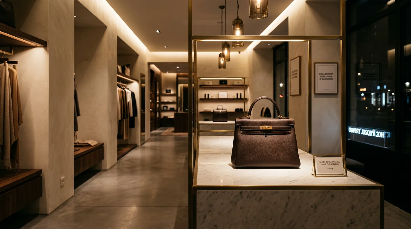Boutique de luxe avec éclairage d'accentuation mettant en valeur un sac en cuir