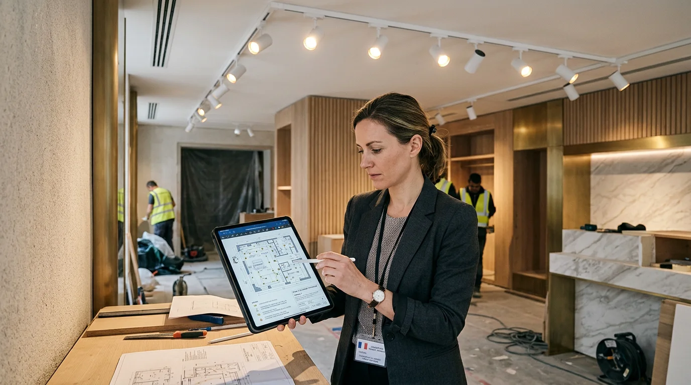 Concepteur lumière ajustant un plan d'éclairage dans une boutique haut de gamme