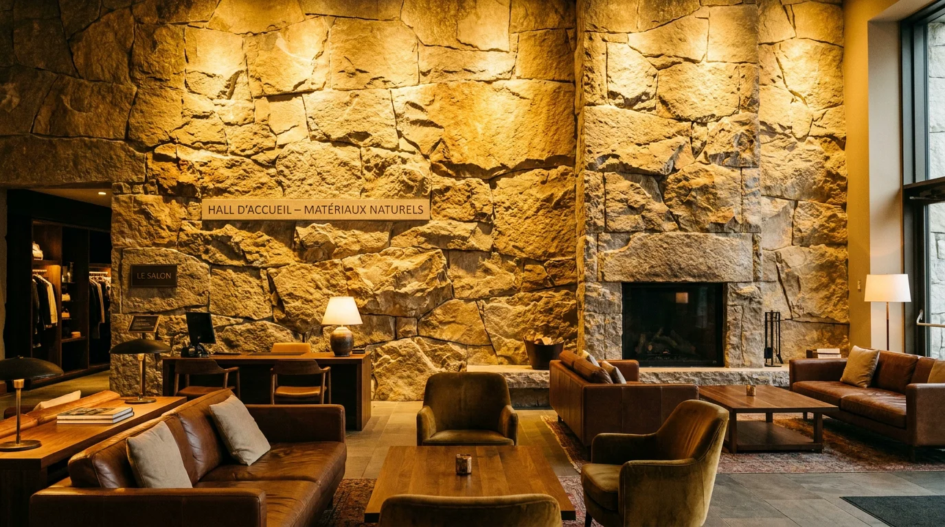 Hall intérieur avec mur en pierre naturelle sublimé par un éclairage professionnel chaud