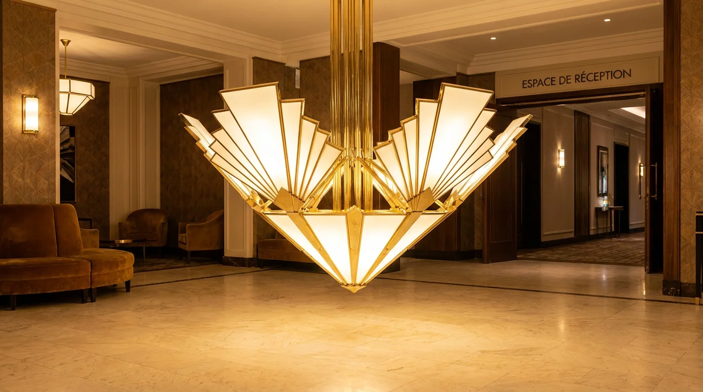 Grand lustre Art Déco en laiton et verre opalin dans un espace de réception luxueux
