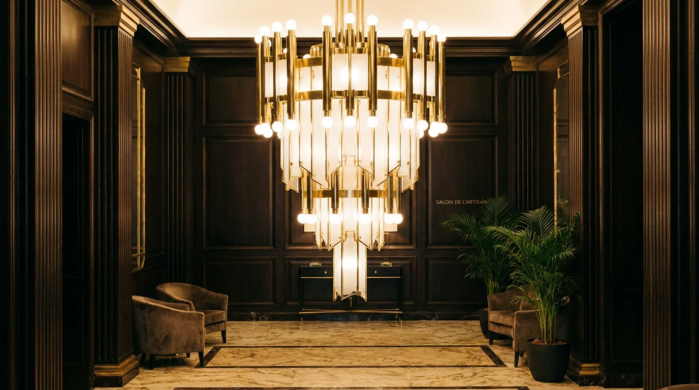 Lustre Art Déco en laiton et verre dépoli dans un hall d'hôtel élégant