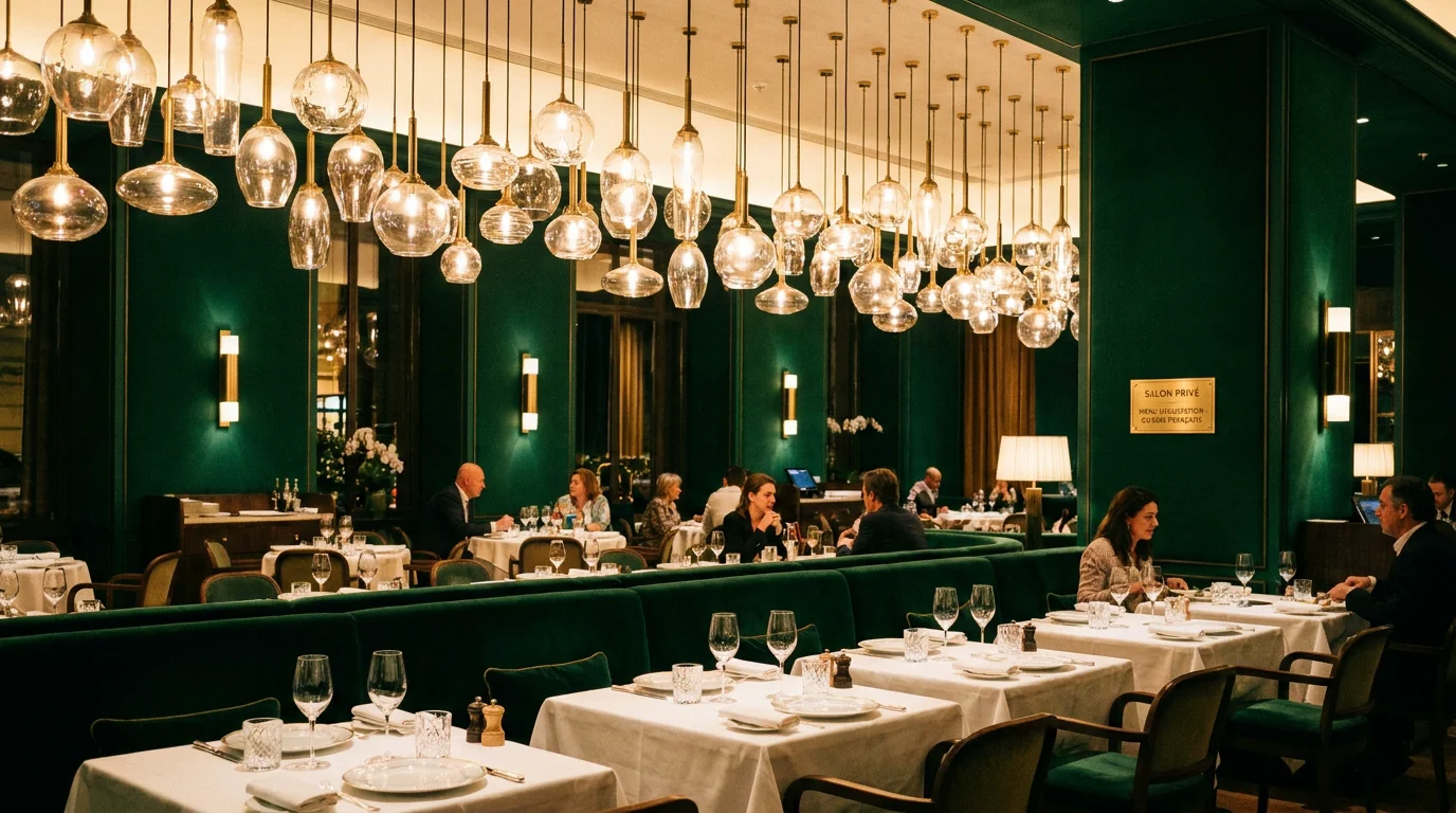 Suspensions Art Déco en verre soufflé et laiton dans un restaurant élégant