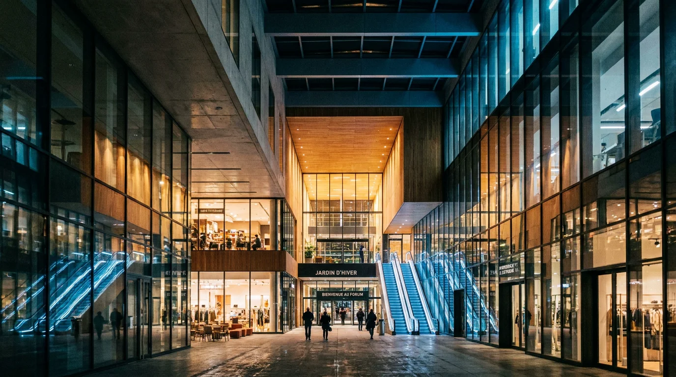 Espace commercial moderne avec un éclairage architectural soigné mettant en valeur les volumes