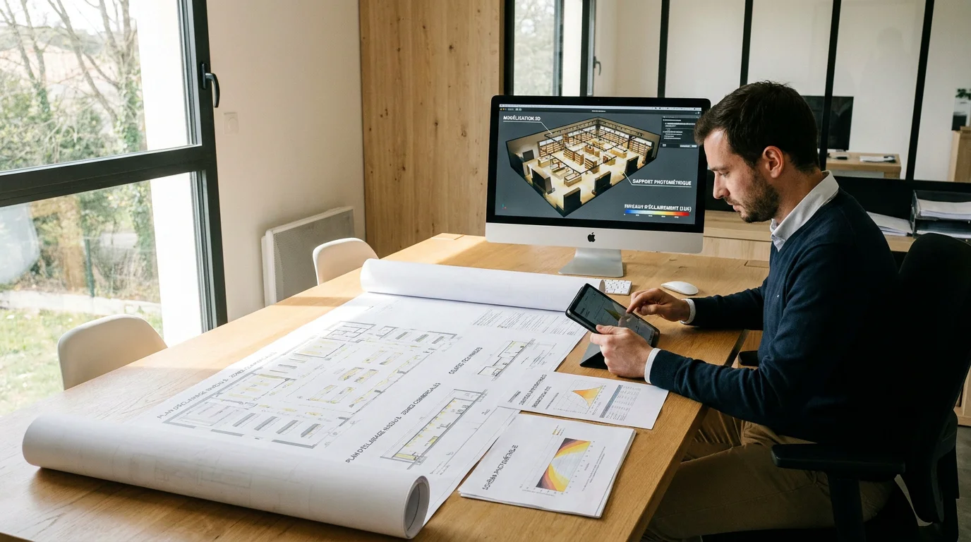 Ingénieur dans un bureau d'études en éclairage analysant une modélisation 3D sur écran