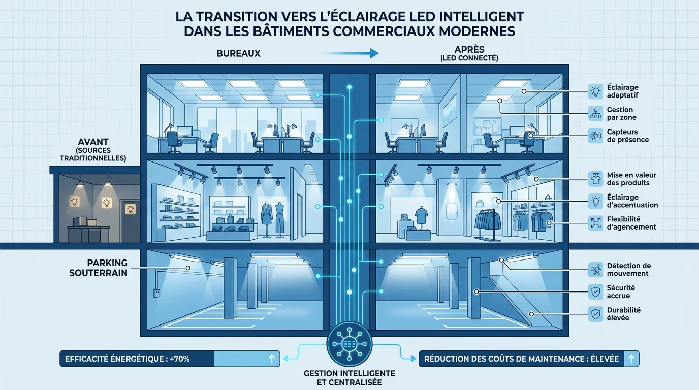 Infographie illustrant la transition vers l'éclairage LED dans un bâtiment commercial