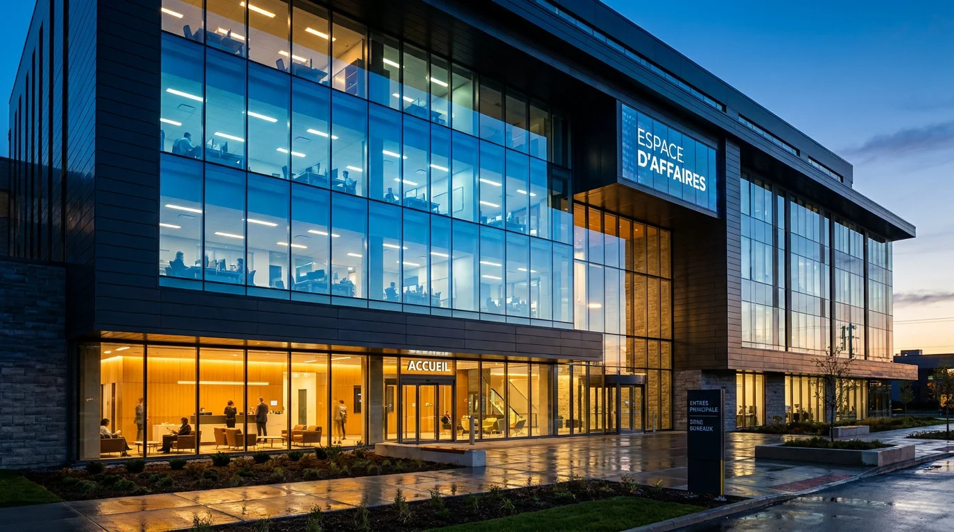Immeuble tertiaire premium au crépuscule avec éclairage intérieur différencié par zone