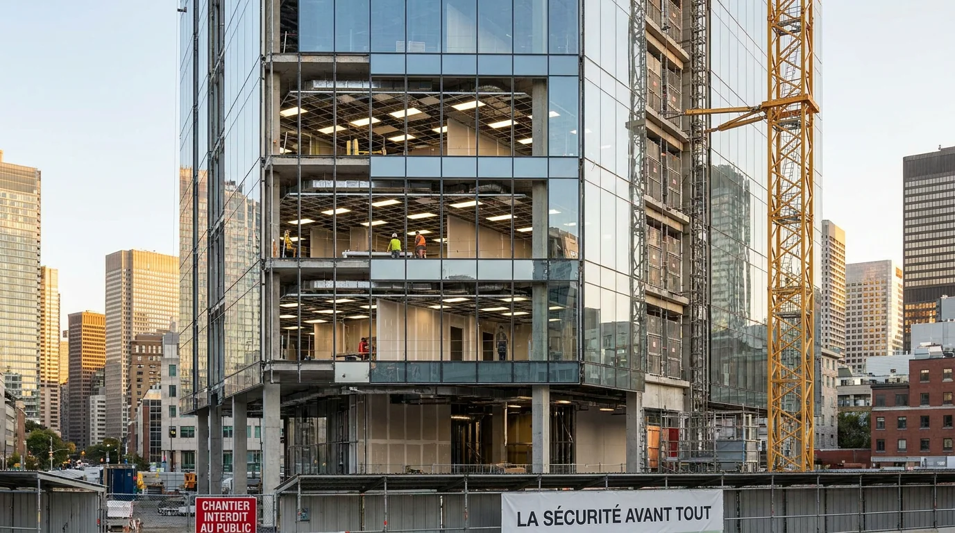 Immeuble de bureaux en construction avec éclairage en cours d'installation