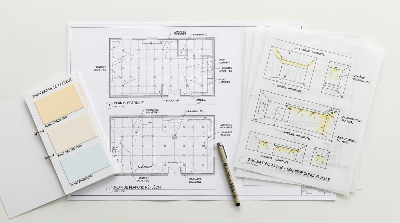 Plans d'architecte et études d'éclairage posés sur un bureau pour un projet BEFA