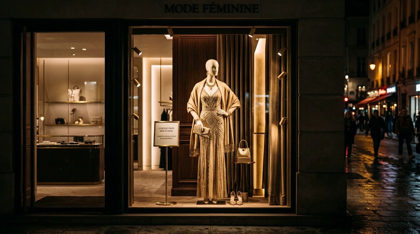 Vitrine de boutique de luxe éclairée mettant en valeur un mannequin la nuit