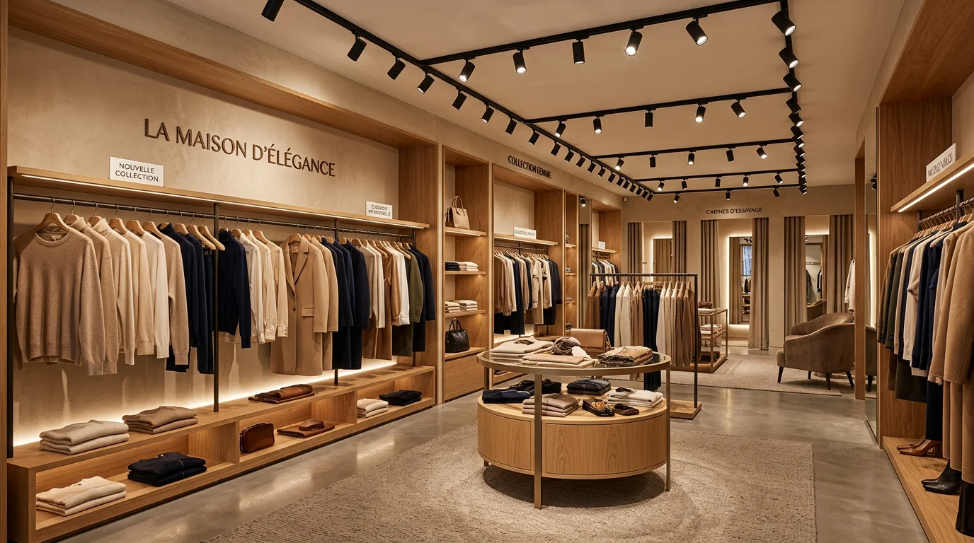 Rails de spots LED orientables éclairant des vêtements dans une boutique élégante