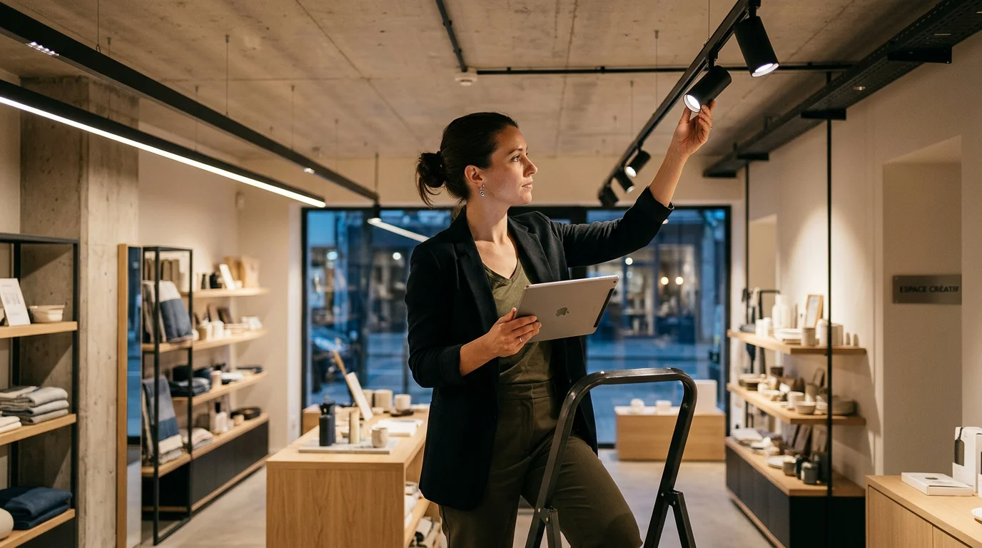 Concepteur lumière ajustant un éclairage dans un espace commercial moderne