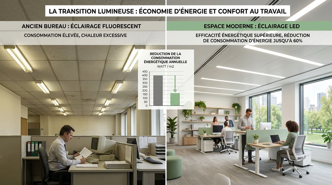 Comparaison entre un ancien éclairage fluorescent et un éclairage LED moderne au bureau