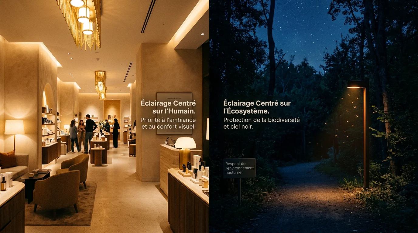 Contraste entre un intérieur éclairé chaleureux et un extérieur nocturne préservant la biodiversité