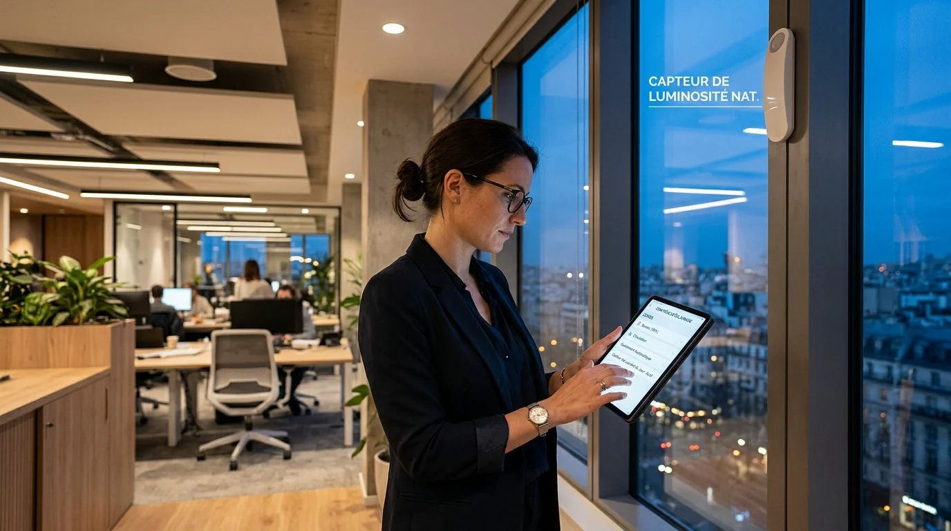 Intérieur tertiaire avec éclairage LED efficace et pilotage par capteurs de lumière du jour