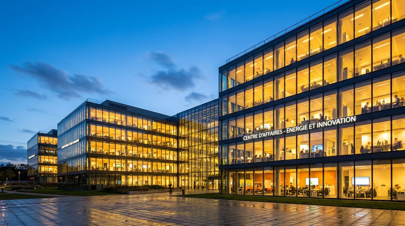 Bâtiment commercial moderne au crépuscule avec éclairage intérieur visible à travers les façades vitrées, illustrant la consommation énergétique liée à la lumière