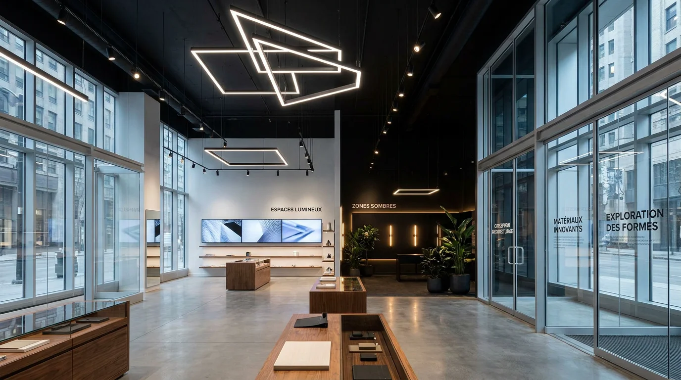 Intérieur d'un grand espace commercial éclairé par des luminaires au plafond illustrant la consommation énergétique de l'éclairage