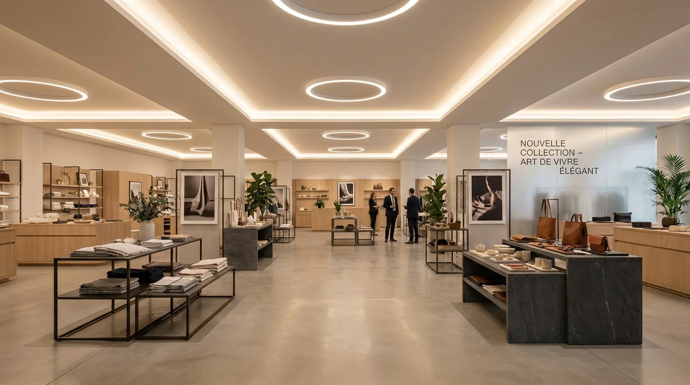 Intérieur d'un flagship retail de grande surface avec un éclairage optimisé et uniforme illustrant une réduction du nombre de luminaires