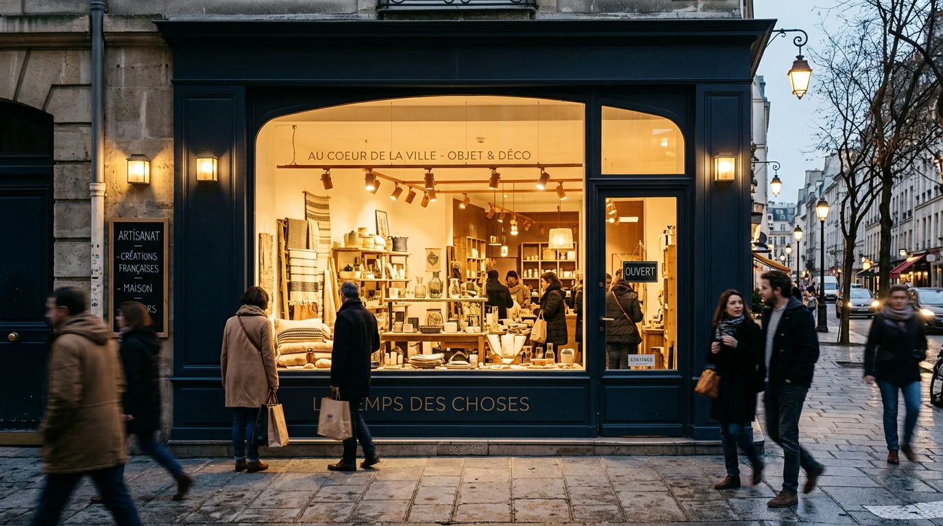 Vitrine de magasin élégamment éclairée attirant les passants au crépuscule