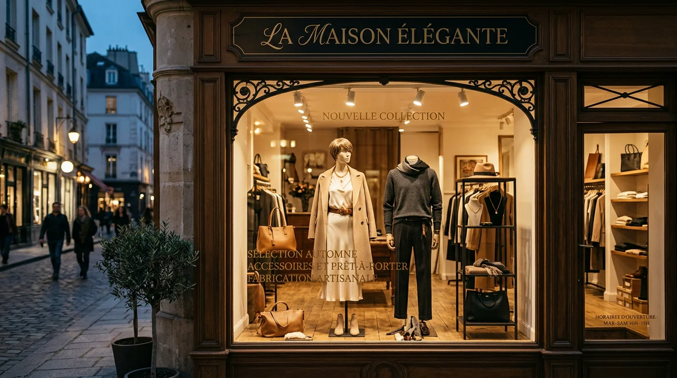 Vitrine de boutique élégante mise en valeur par un éclairage chaleureux au crépuscule