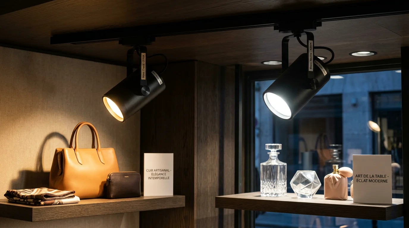 Spots orientables éclairant des produits de luxe avec un contraste de températures de couleur