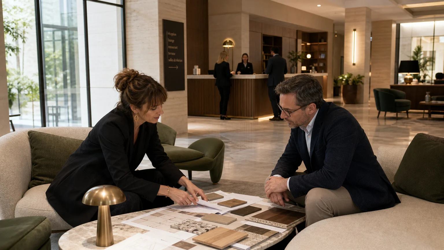 Réunion de conception lumière dans un lobby d’hôtel
