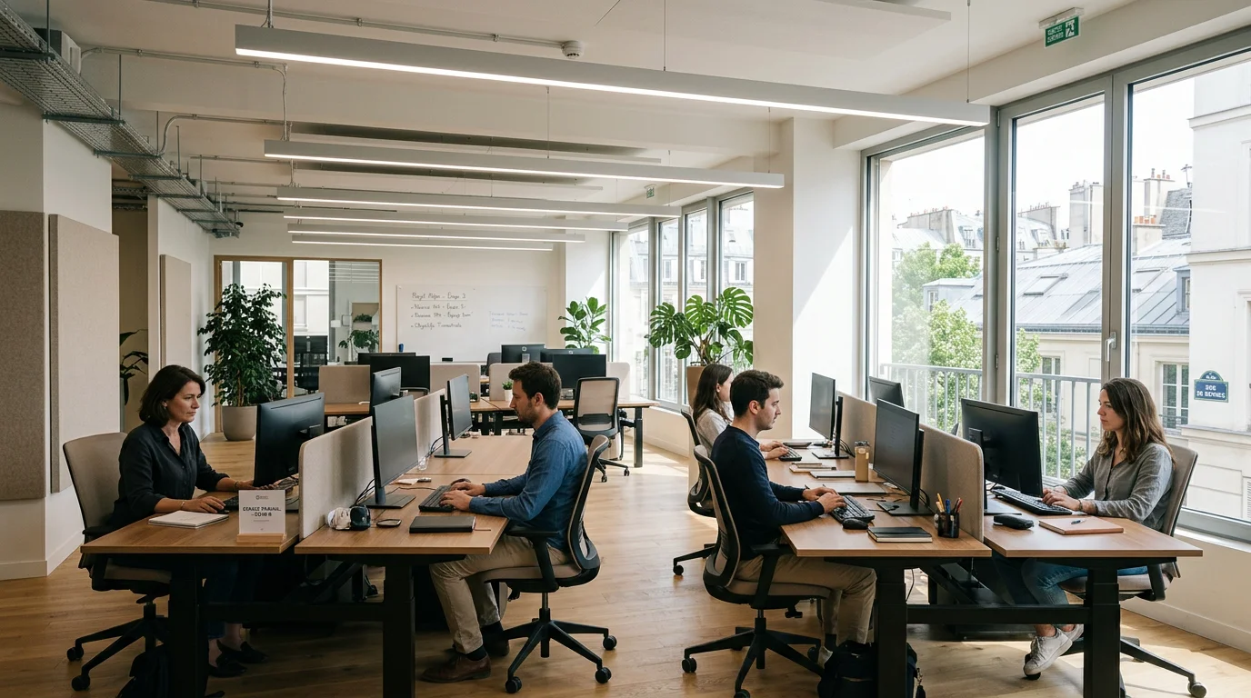 Open space lumineux avec lumière naturelle et suspensions LED au-dessus des postes