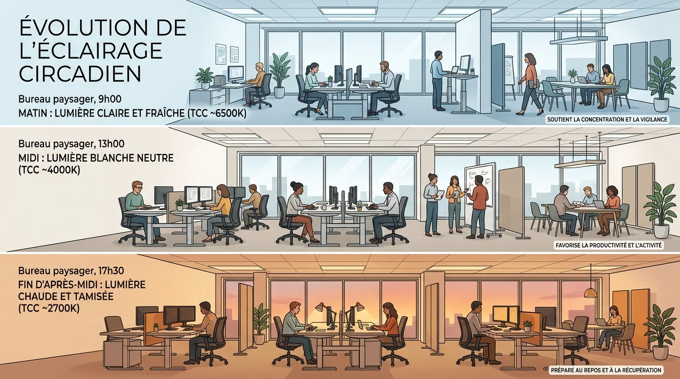Évolution de la température de couleur au fil de la journée dans un open space