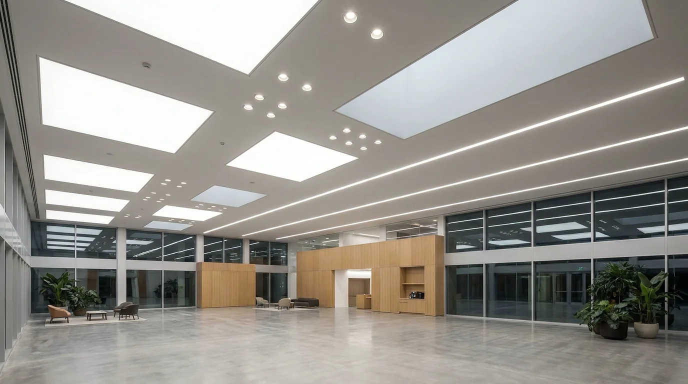 Grand espace intérieur moderne avec éclairage au plafond combinant panneaux LED, spots et profilés lumineux