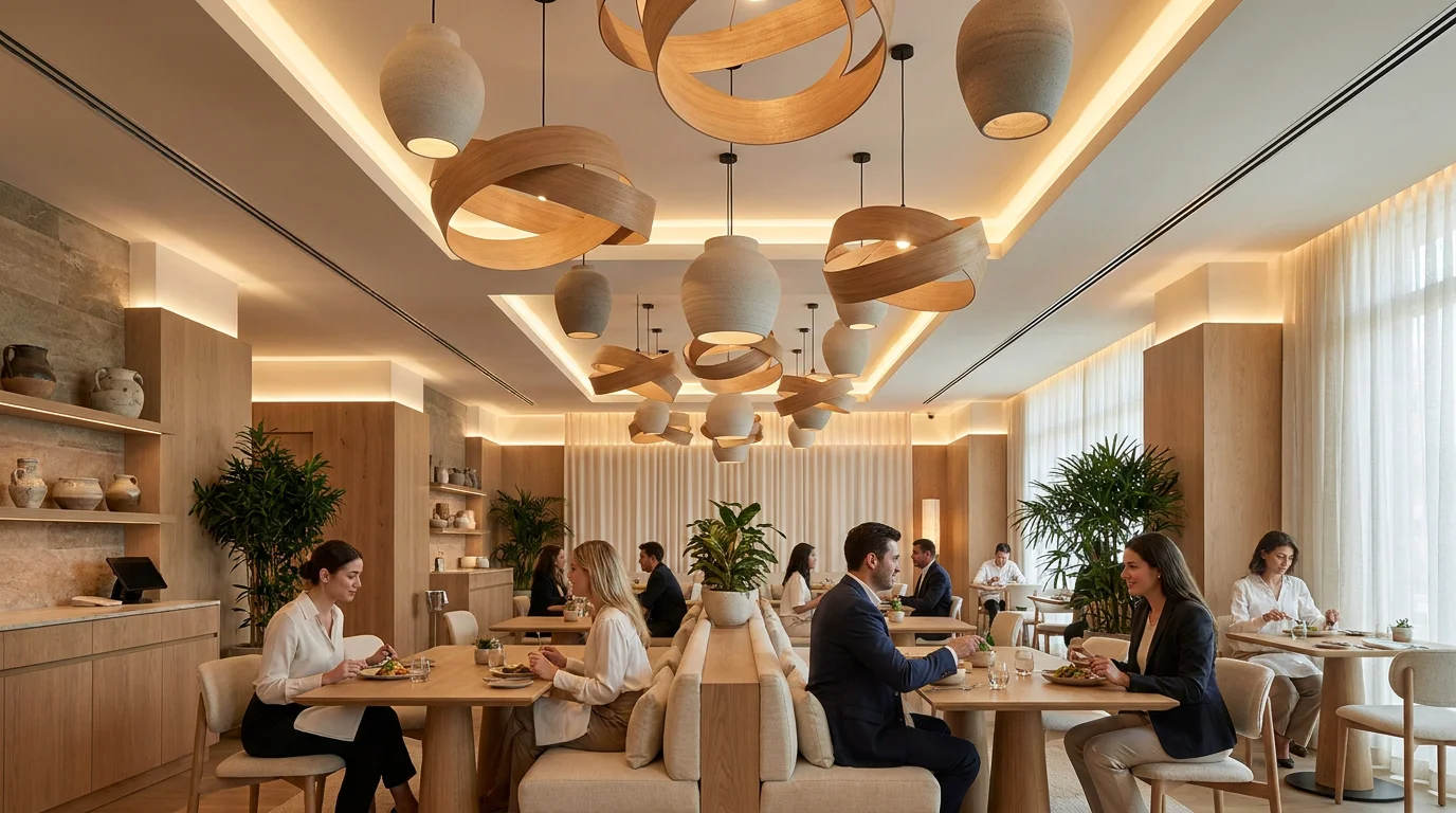 Restaurant avec suspensions sculpturales en matériaux naturels et éclairage indirect LED au plafond