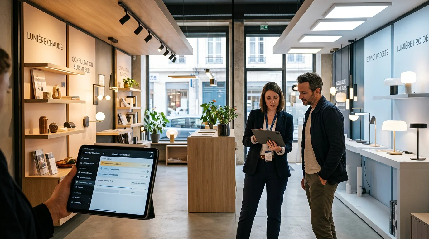Consultant réglant un système de gestion de l'éclairage dans un espace commercial