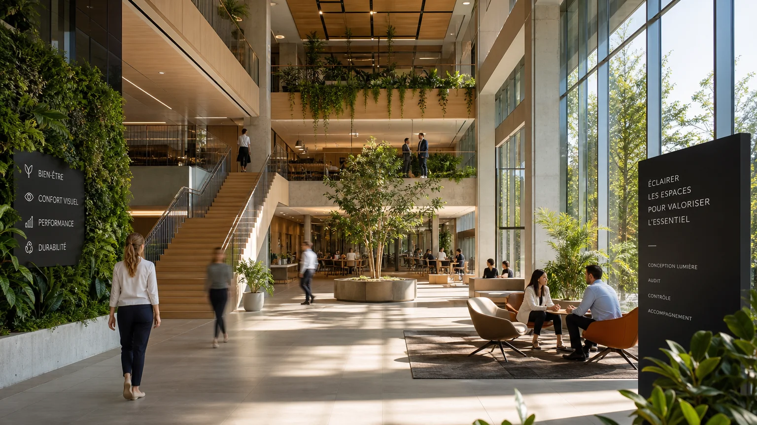 Intérieur lumineux d'un bâtiment sain illustrant le WELL Building Standard
