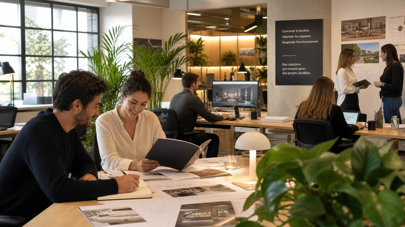 Bureau lumineux et sain illustrant les principes du référentiel WELL