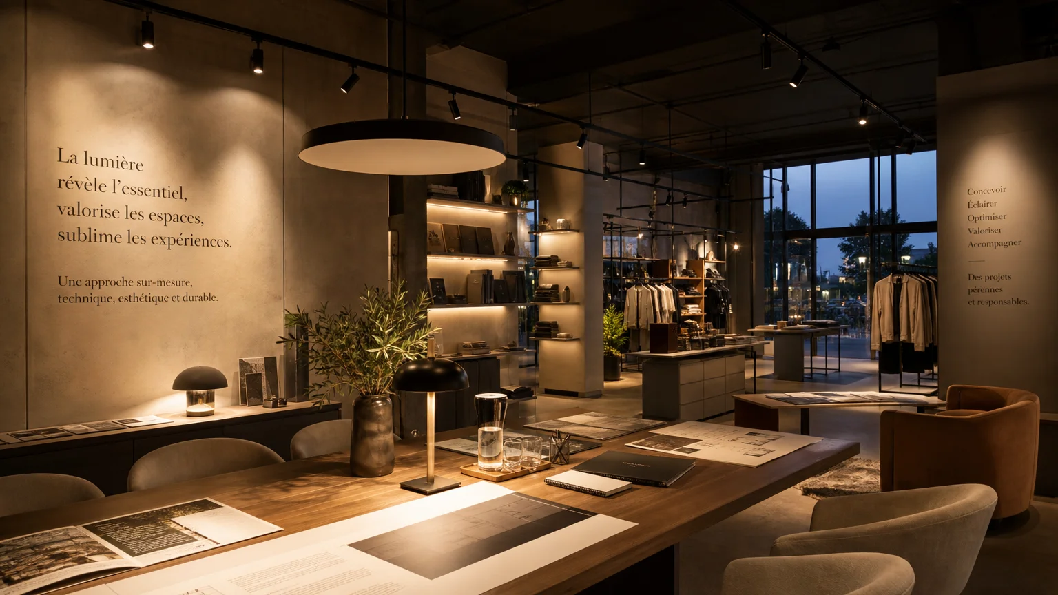 Éclairage architectural chaleureux dans un espace commercial certifié bien-être