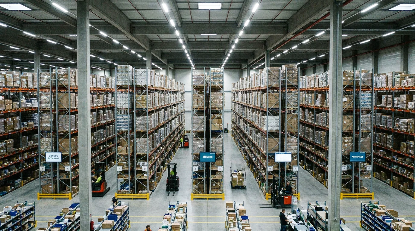 Entrepôt industriel moderne éclairé par des luminaires LED suspendus