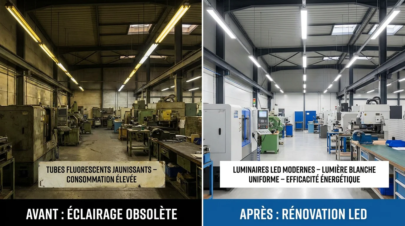 Comparaison avant-après d'un atelier industriel rénové avec un éclairage LED moderne