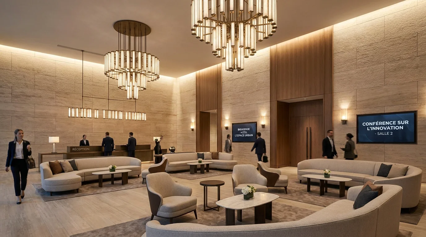 Hall d'hôtel contemporain avec éclairage intérieur professionnel chaleureux et sophistiqué