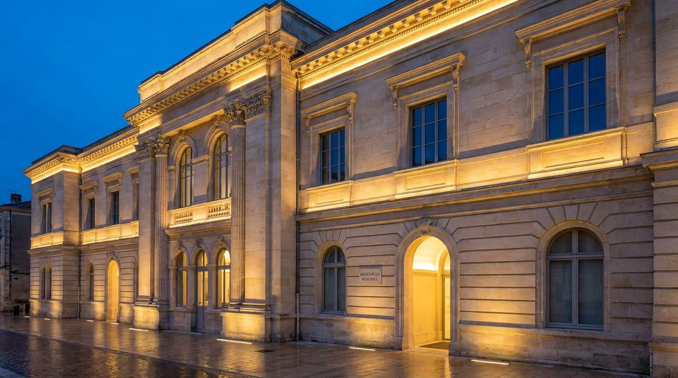 Façade architecturale sublimée par une conception lumière professionnelle au crépuscule