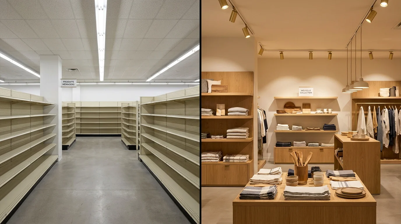 Comparaison entre un éclairage générique et une conception lumière professionnelle dans un espace commercial