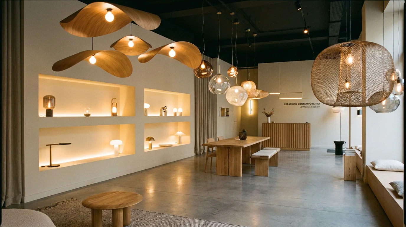 Showroom de luminaires design avec suspensions contemporaines et éclairage indirect