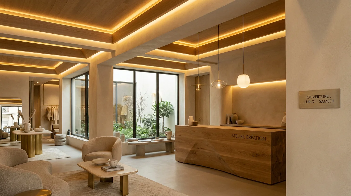 Espace commercial avec éclairage design indirect et suspensions minimalistes