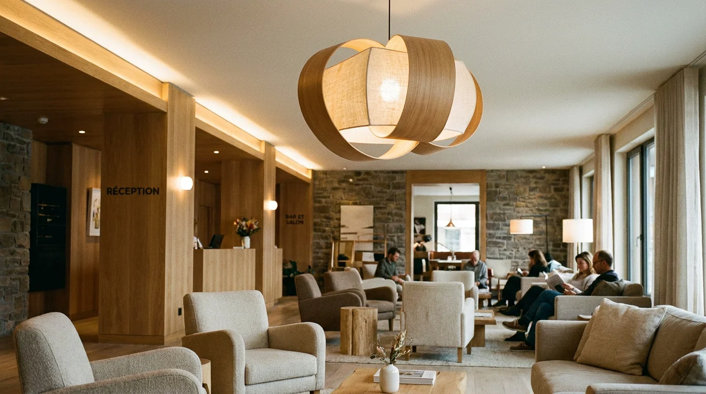 Hall d'hôtel avec éclairage design intégré et suspension en matériaux naturels