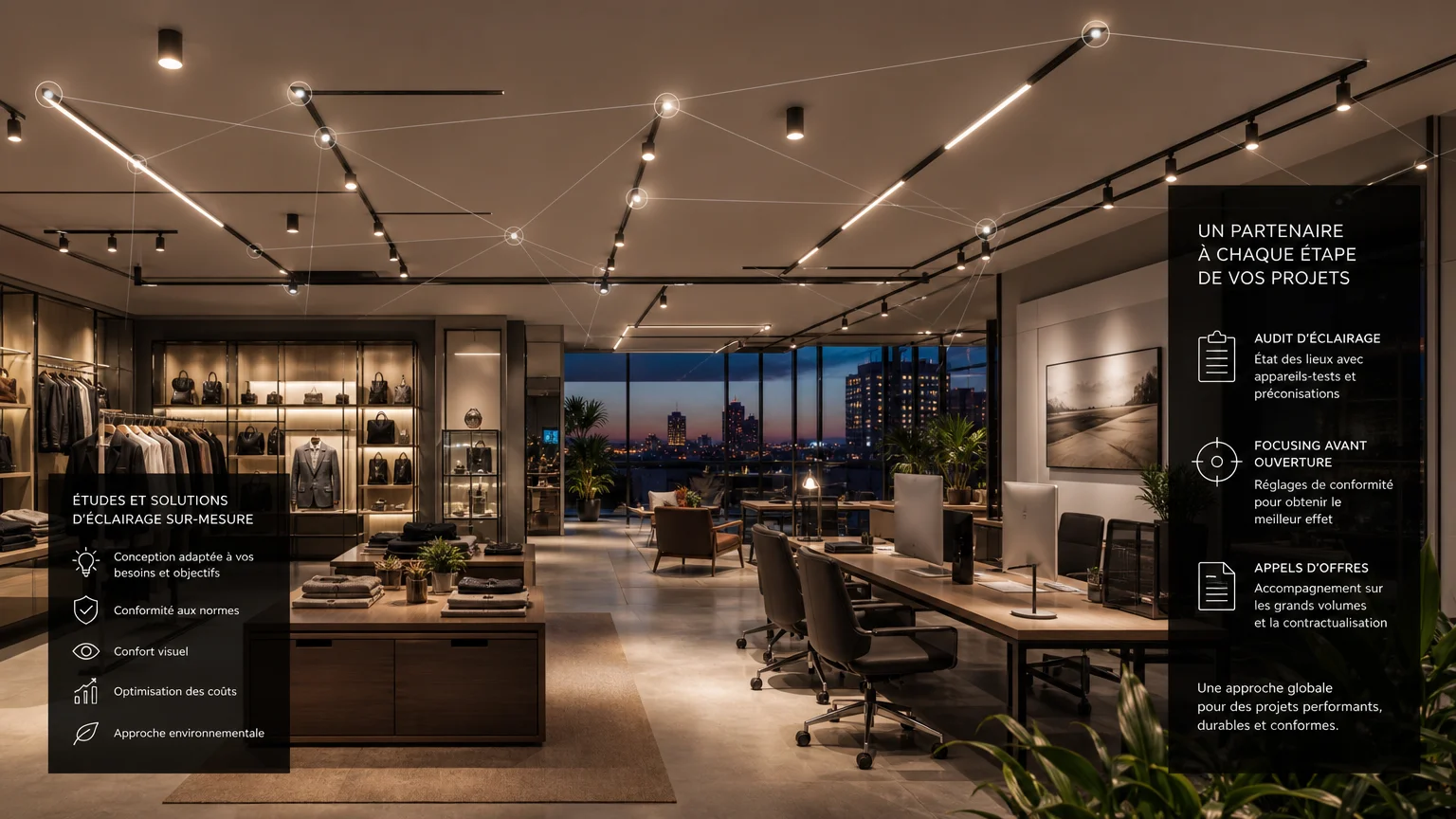 Espace commercial moderne équipé de luminaires connectés pilotés par une plateforme IoT