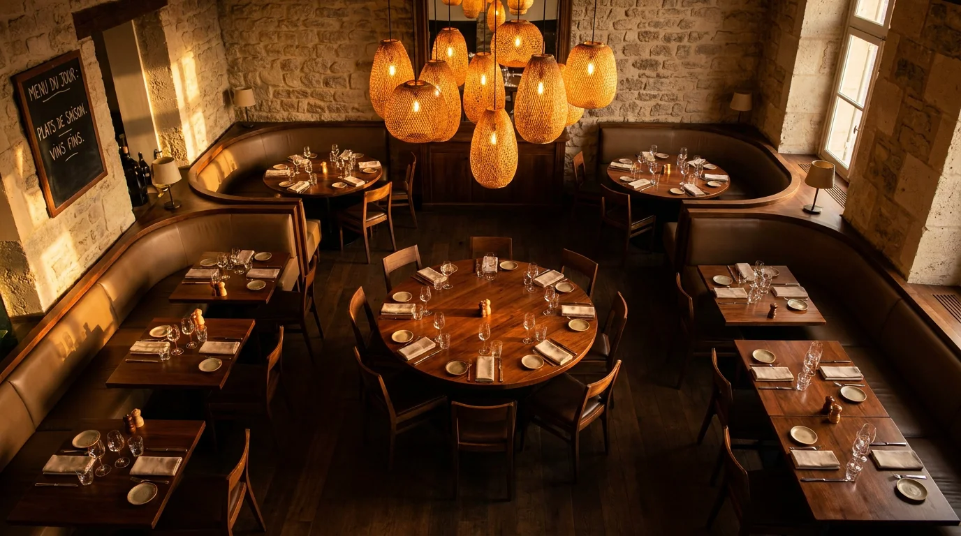 Vue plongeante d'une salle de restaurant haut de gamme avec un éclairage chaleureux et des suspensions lumineuses