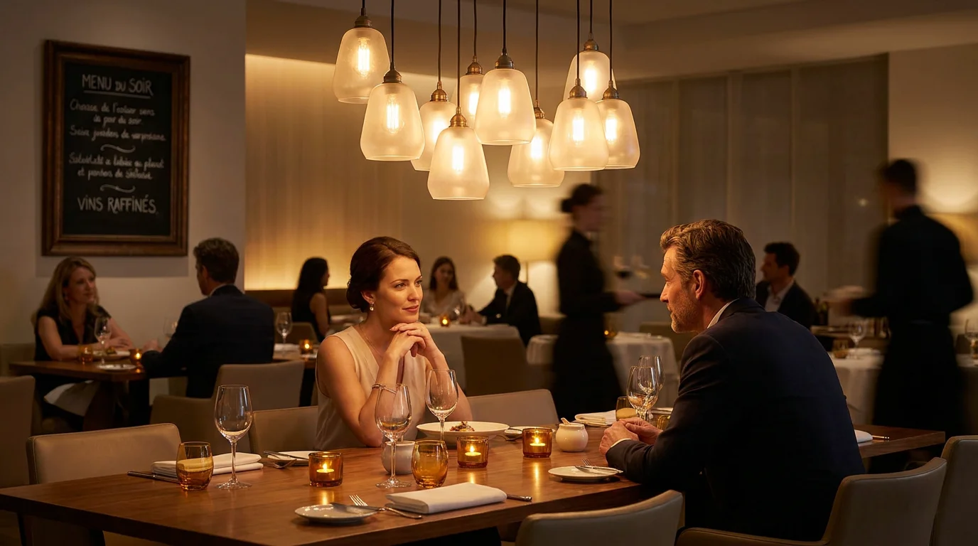 Intérieur de restaurant avec un éclairage chaleureux et flatteur sur les visages des convives