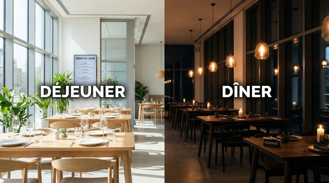 Comparaison visuelle entre un éclairage de restaurant en service du midi et en service du soir
