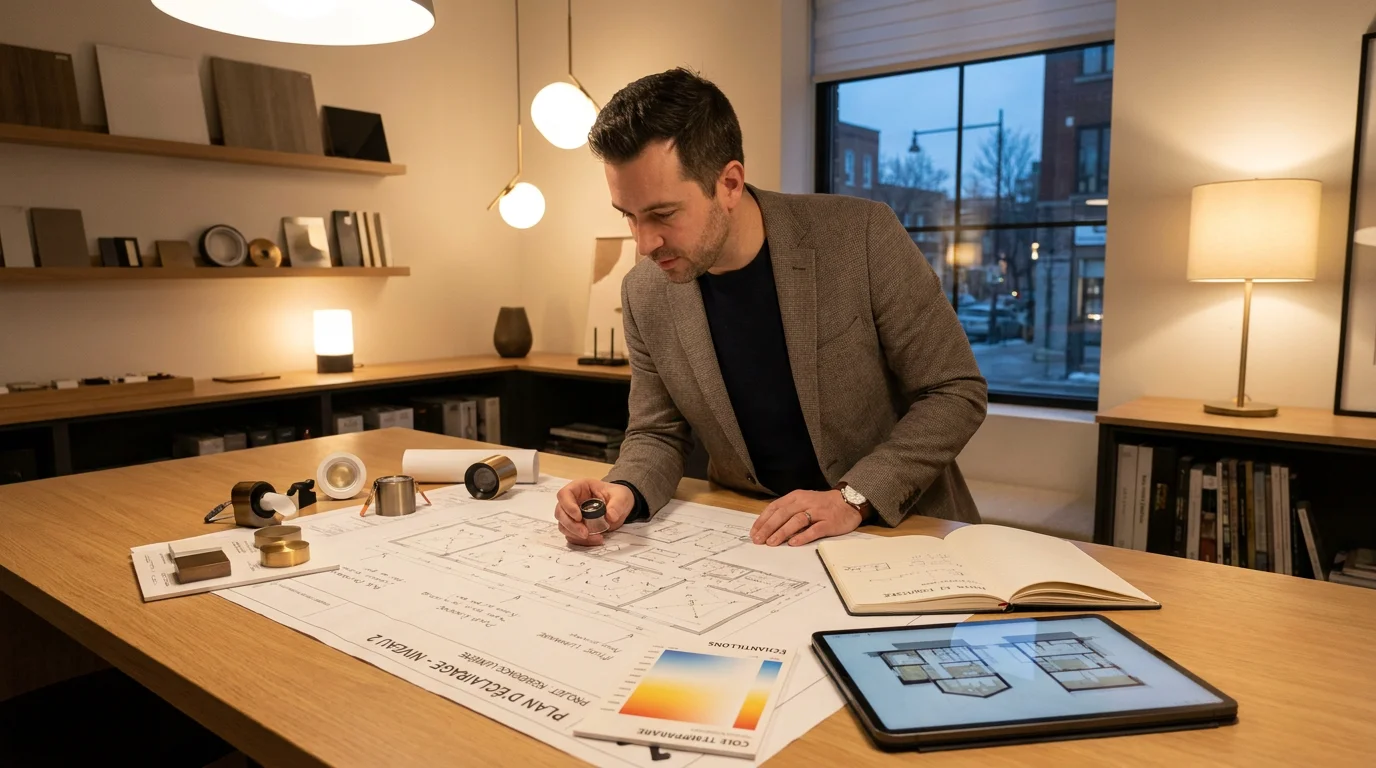 Lighting designer étudiant des plans d'éclairage architectural en studio