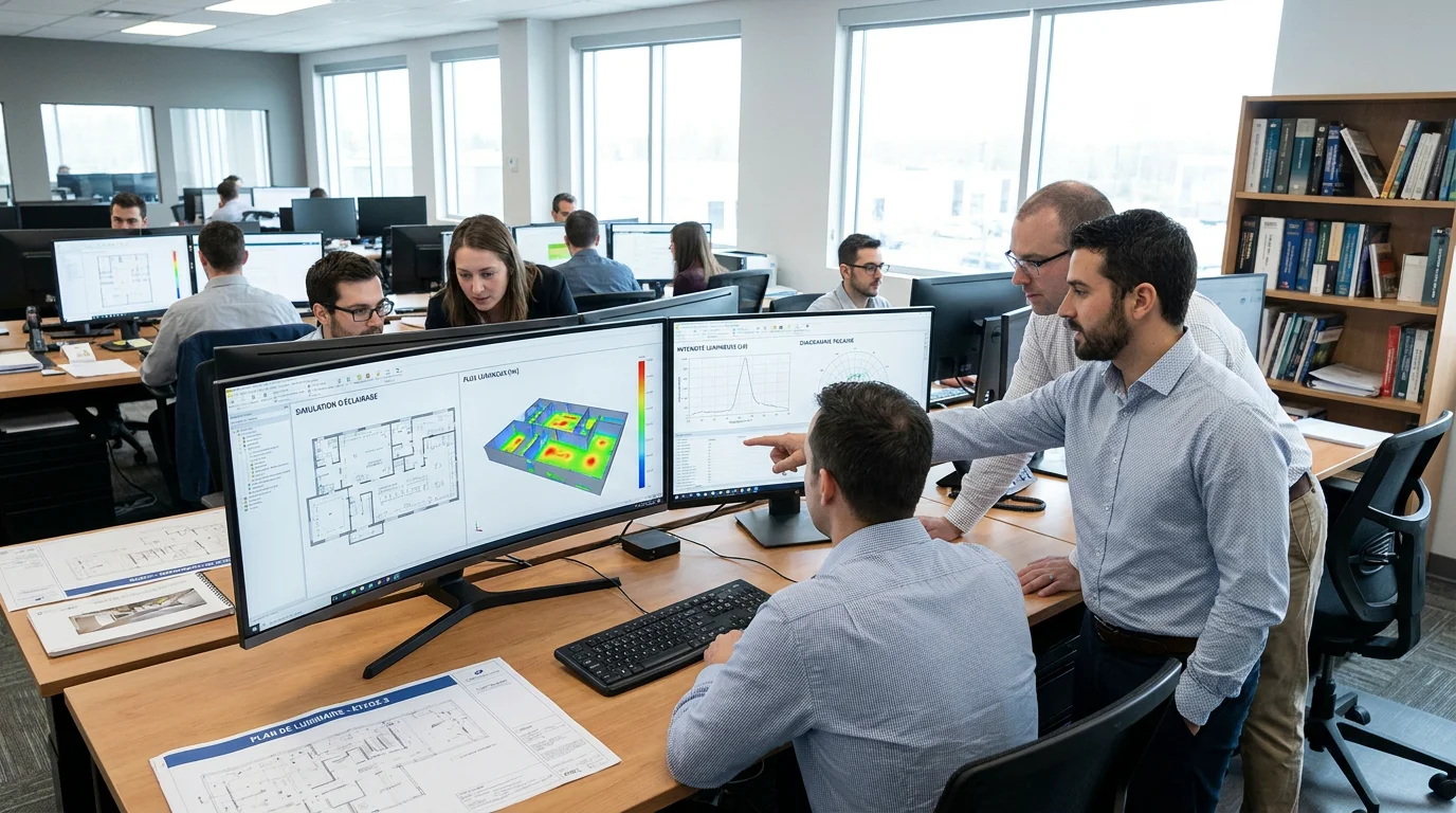 Bureau d'études éclairage avec ingénieurs analysant des simulations lumineuses