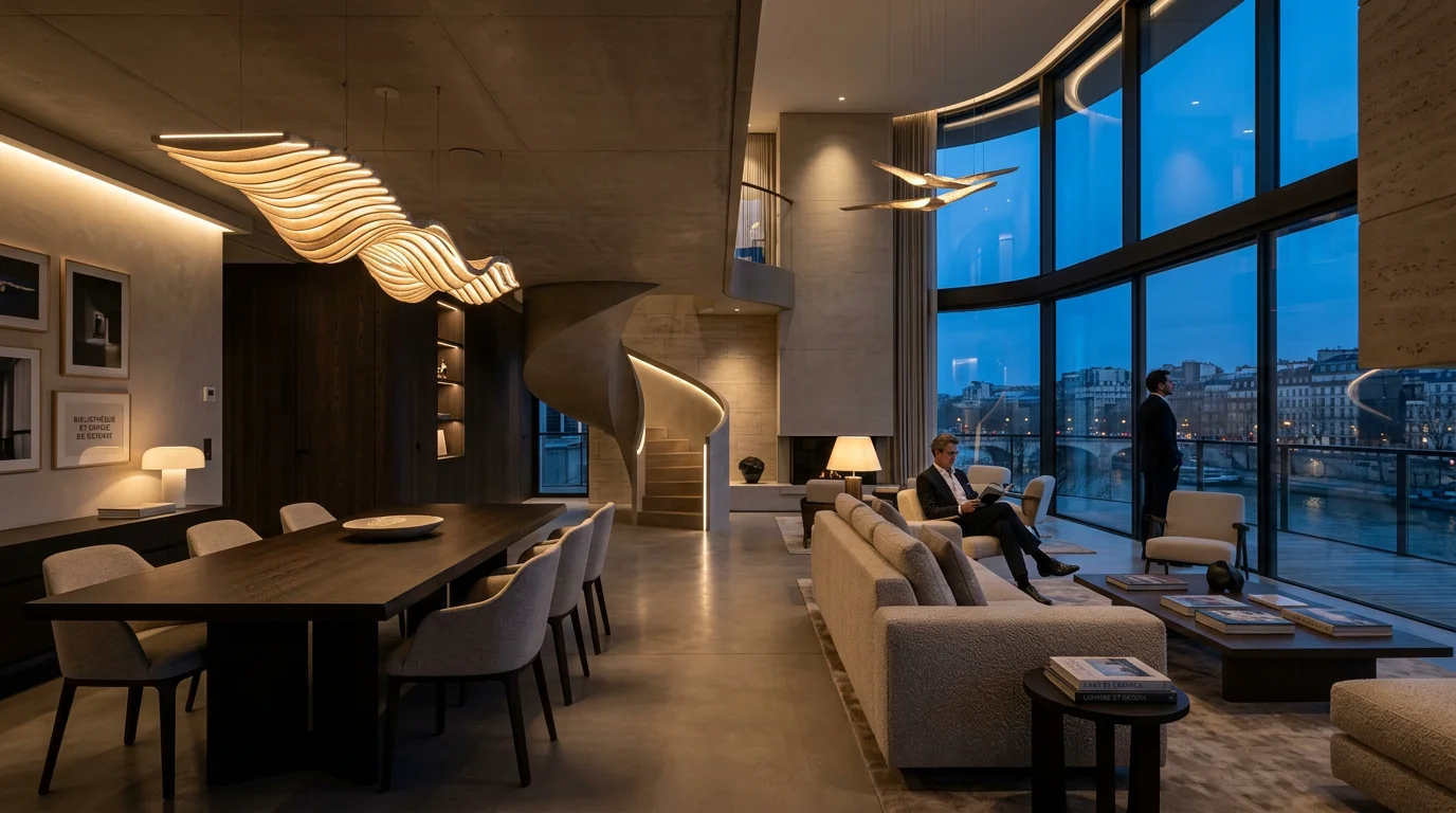 Intérieur contemporain mis en valeur par un luminaire sur mesure au crépuscule