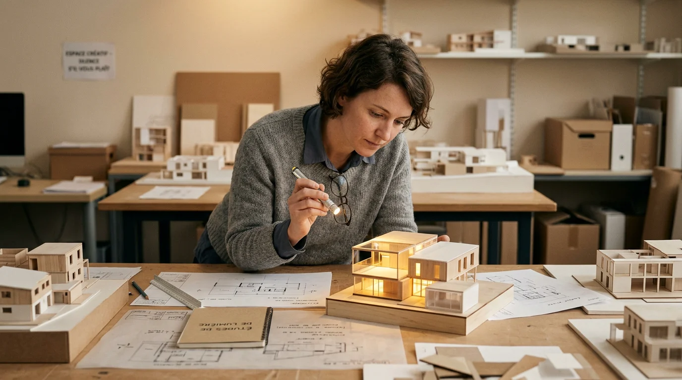Concepteur lumière étudiant un projet d'éclairage sur mesure en atelier